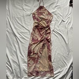 cream and pink midi dress with leg slit adjustable straps